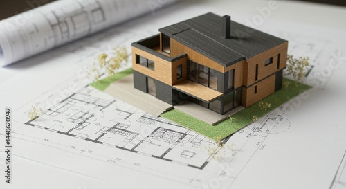 Architectural model of modern house on blueprints depicting innovation and design.