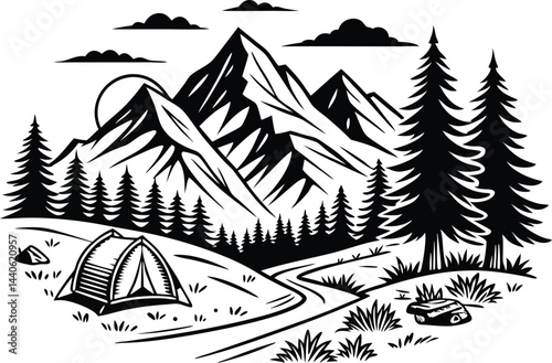 Hand-Drawn Black & White Mountain Camping Illustration – Rustic Wilderness Art