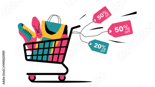 Wallpaper Mural A highly detailed and stylish vector icon of a shopping cart with discount tags flying out, vibrant colors Torontodigital.ca