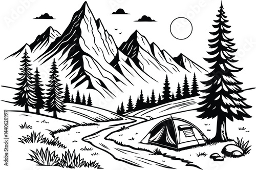 Hand-Drawn Black & White Mountain Camping Illustration – Rustic Wilderness Art