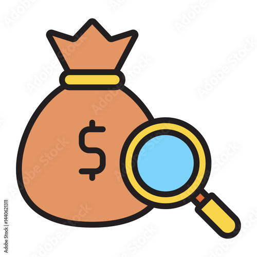 Money bag and magnifying glass outline icon