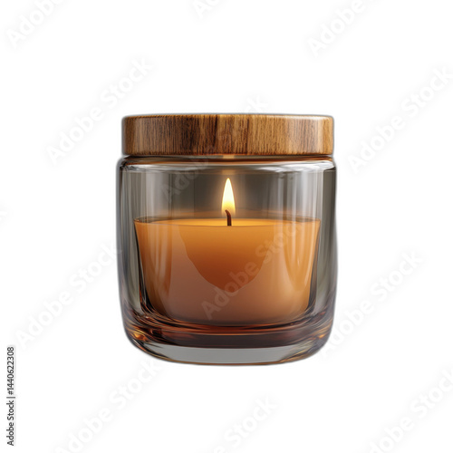 Glass candle with wooden lid isolated on transparent background photo