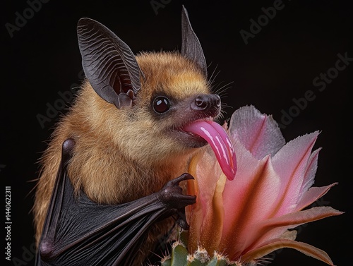 A nectar-feeding bat delicately extracts nectar from a pale pink cactus flower, its long tongue extended against a stark black background. A remarkable display of nature's symbiotic relationships.
