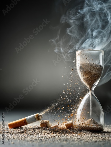 Cigarette Stub in Hourglass With Sand Trickling out and Smoke Rising Above photo