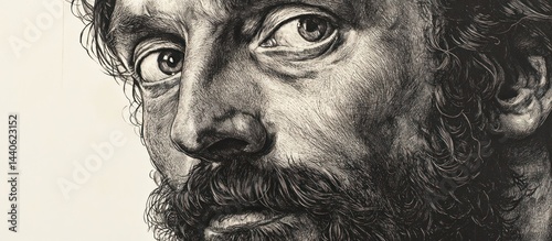Close-up black and white portrait of a man's face, showing detailed features like eyes, nose, and beard.