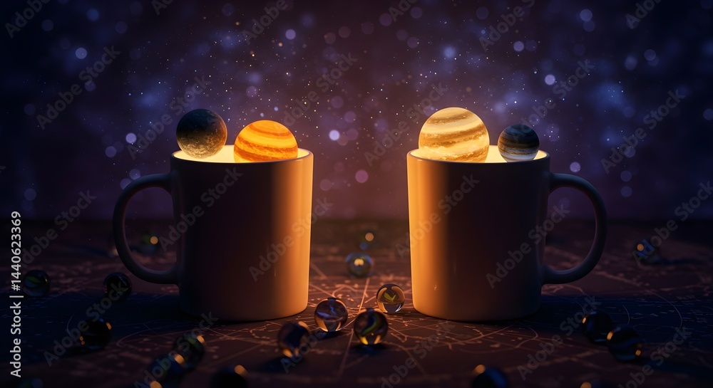 Two mugs with glowing planets inside, creating a magical, cosmic scene. Perfect for a fantasy or science fiction theme.