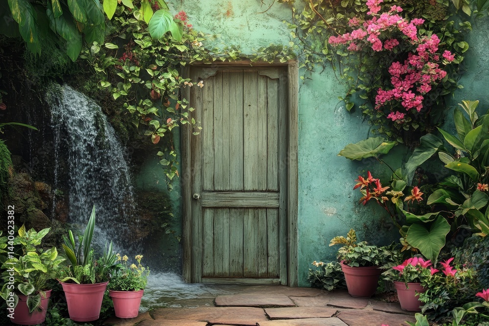 Fototapeta premium Lush garden surrounds aged wooden door.