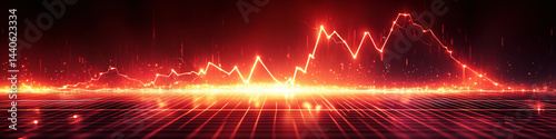 Glowing red energy wave, futuristic heartbeat monitor, digital pulse, neon lightning, abstract background, dark apocalyptic landscape, mountain silhouette, electric horizon, vibrant red and orange.