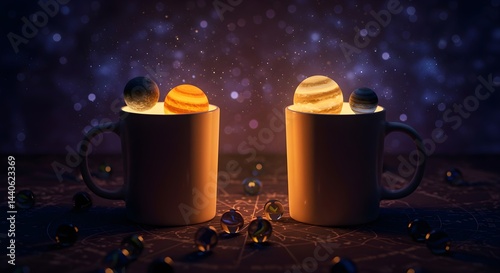 Two mugs with glowing planets inside, creating a magical, cosmic scene. Perfect for a fantasy or science fiction theme.