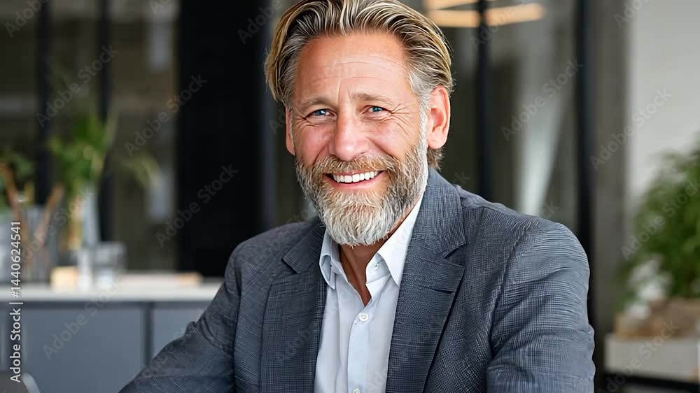 Smiling man with grey beard in a grey suit jacket looks at camera Smiling man with grey beard in a grey suit jacket looks at camera
