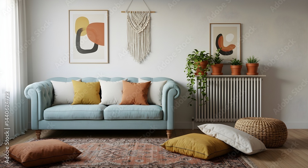 Cozy living room with a light blue sofa, neutral-toned throw pillows, and abstract wall art. A calm and inviting atmosphere.