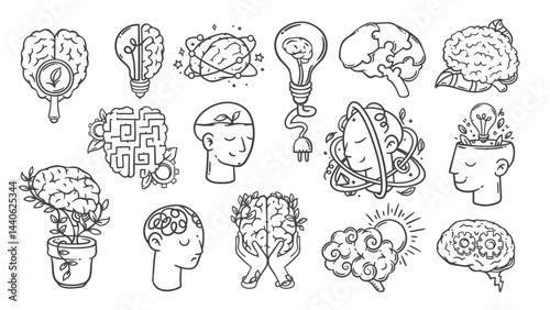 Human brain development and creative ideas line icons set. Outline hand drawn smart thinking mind, light bulb and sun, maze, plant leaf. Growth, innovation mascot, icon collection vector illustration