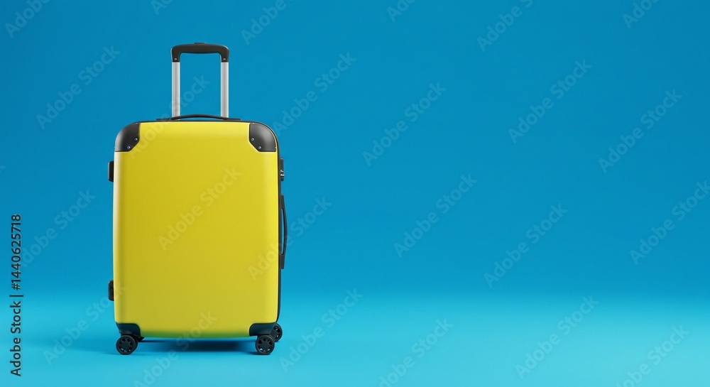 Vibrant yellow suitcase standing against a solid blue background, ready for travel. Vibrant yellow suitcase standing against a solid blue background, ready for travel.