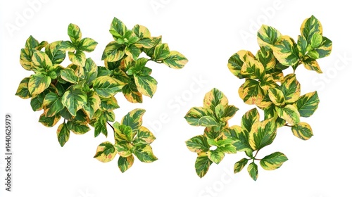Set of garden bushes with variegated green and yellow leaves on a white background.