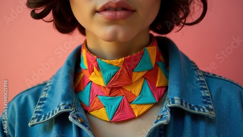 Woman Wearing Colorful Geometric Fabric Choker
