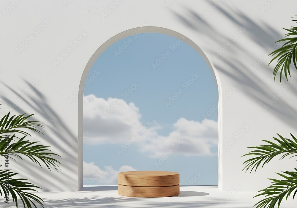 Serene minimal scene with a wooden display platform, archway, and palm fronds. Peaceful and airy.