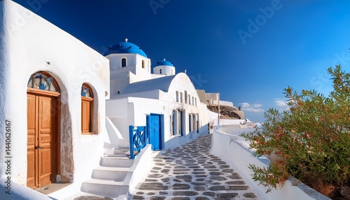 white cycladic architecture in pyrgos village santorini island greece