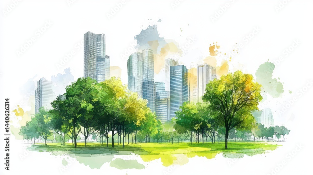 Obraz premium Watercolor City Park Lush Green Trees and Modern Buildings Under Bright Sunlight