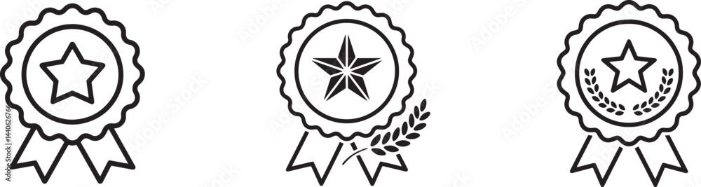 Collection Of Award Badge Icons With Star And Ribbon Outline Style Collection Of Award Badge Icons With Star And Ribbon Outline Style