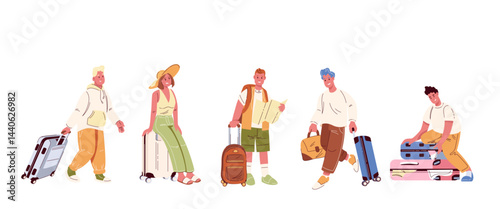 Tourists with suitcase, bag and map set. Female and male character standing to wait for flight, walking with suitcase, packing case. Travel mascot, cartoon collection vector illustration