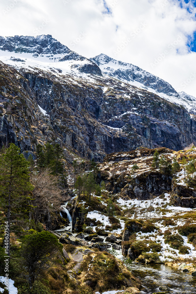Snow-capped Pique Rouge de Bassiès Mountain in Spring from the Plateau above the Ars Waterfall in Haut-Couserans, Ariège