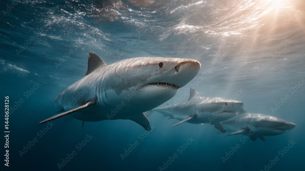 Fototapeta premium Beneath the shimmering surface of the ocean, a group of graceful sharks swims harmoniously together. Sunlight filters through the waves, illuminating their sleek bodies in an aquatic dance