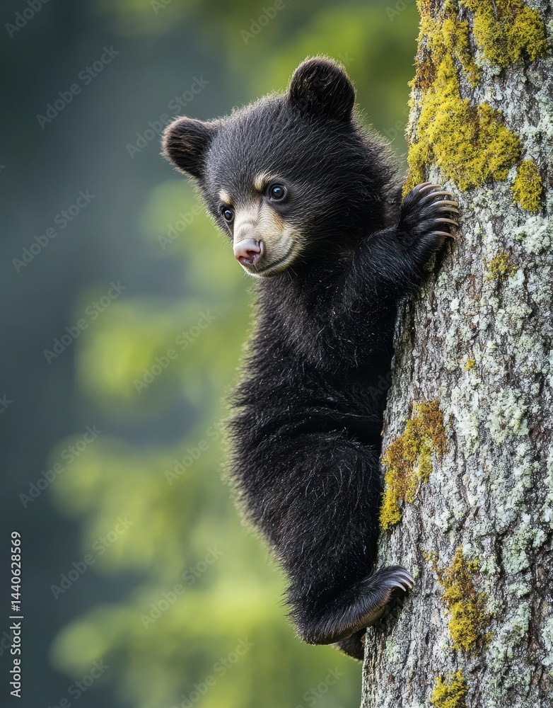 Obraz premium Adorable baby bear climbing tree in vibrant forest background, showcasing playful behavior and nurturing wildlife environment in serene nature scene