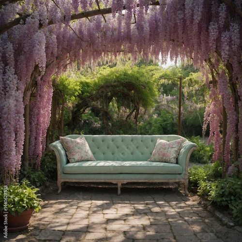 A pastel green and pink sofa under a blooming wisteria tunnel.