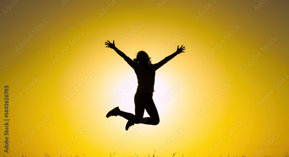 Naklejka premium Silhouette of person jumping with arms outstretched against golden sunset. Human figure leaping with joy at sunrise. Freedom and achievement. motivational, wellness retreats, life coaching services
