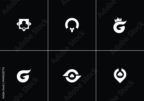 Casino Logo Icon Set with Letter G - Gentlemen Style, Crown, Poker Theme | Elegant Black and White Vector Collection
