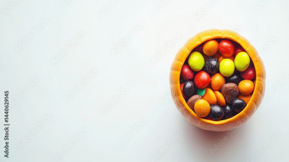 Pumpkin cup filled with assorted Halloween candy, flat design, top view, vibrant hues, isolated on white background. Pumpkin cup filled with assorted Halloween candy, flat design, top view, vibrant hues, isolated on white background.