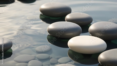 Serene stones float gently on tranquil water, creating a peaceful and meditative atmosphere. A single white stone contrasts beautifully with the grey, reflecting inner calm. photo
