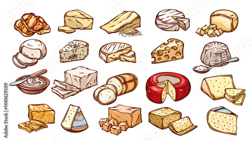 Cheese and dairy products line icons set. Outline hand drawn wheel and brick, triangle and square slices of gourmet cheese. Food, supermarket menu mascots, icons collection vector illustration