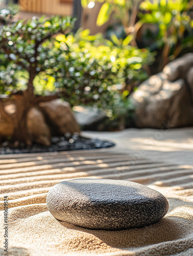 Peaceful Zen garden scene featuring a smooth stone on carefully raked sand, with a bonsai tree and greenery in soft focus.
