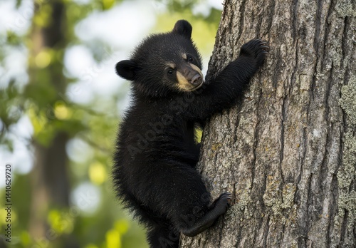 Adorable Black Bear Cub Climbing Tree in Lush Green Forest Surrounded by Nature, Capturing the Spirit of Wild Animals and Their Habitat