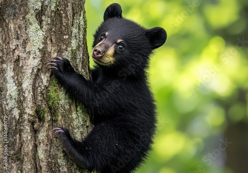 Adorable black bear cub climbing tree, showcasing playful nature and vibrant green forest background, perfect for wildlife enthusiasts or nature lovers