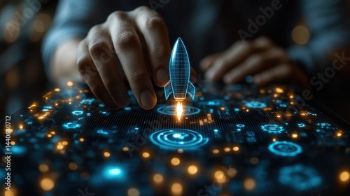 Hand places rocket on a digital interface with glowing lights and circuits.