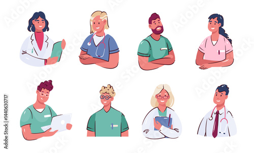 Doctors and nurses cartoon avatars set. Funny portraits of medical specialists, pharmacist and worker of emergency team, doctor and dentist. Cartoon professional hospital staff vector illustration