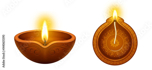 Diwali Burning Diya, Oil Lamp for Indian Festival Front View and Top View Isolated on Transparent Background