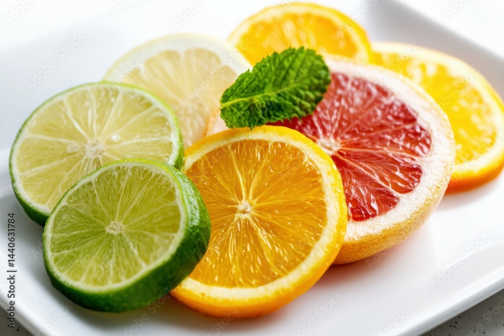 Longevity lifestyle natural fruits. Slices of lime, lemon, orange, and grapefruit arranged on a plate with a fresh mint leaf. Longevity lifestyle natural fruits. Slices of lime, lemon, orange, and grapefruit arranged on a plate with a fresh mint leaf.
