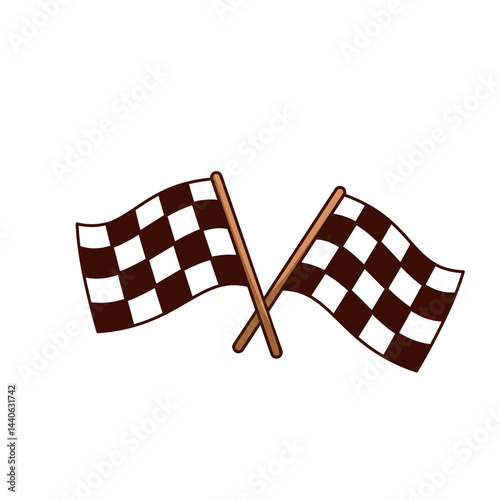 Groovy cartoon race flags. Funny retro waving checkered flags of start and end of speed motor rally, racers car championship. Sport mascot, cartoon sticker of 70s 80s style vector illustration