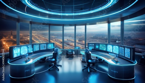 central ai control room overlooking automated warehouse floor curved digital dashboard displays showing real time logistics data robot charging stations with glowing blue power indicators dynamic