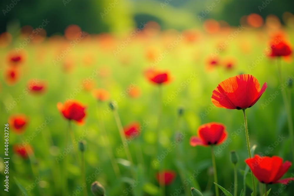 Red poppies scattered across a lush green summer meadow , colorful, wild, sunlight Red poppies scattered across a lush green summer meadow , colorful, wild, sunlight