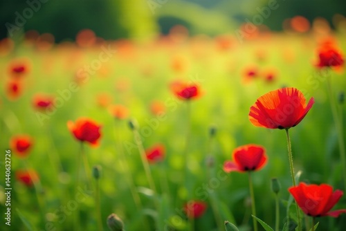 Red poppies scattered across a lush green summer meadow , colorful, wild, sunlight