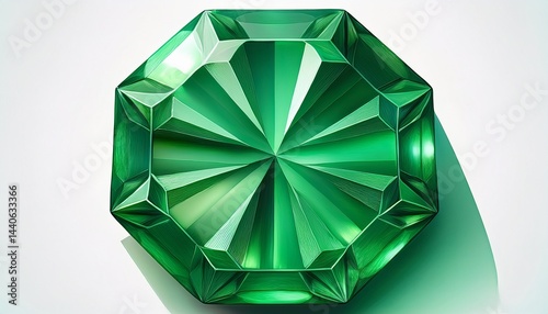 top down view of emerald octagon gem with layered crystalline faces vibrant jade to forest green color transitions cartoon highlights shaped like four pointed stars polished candy like surface