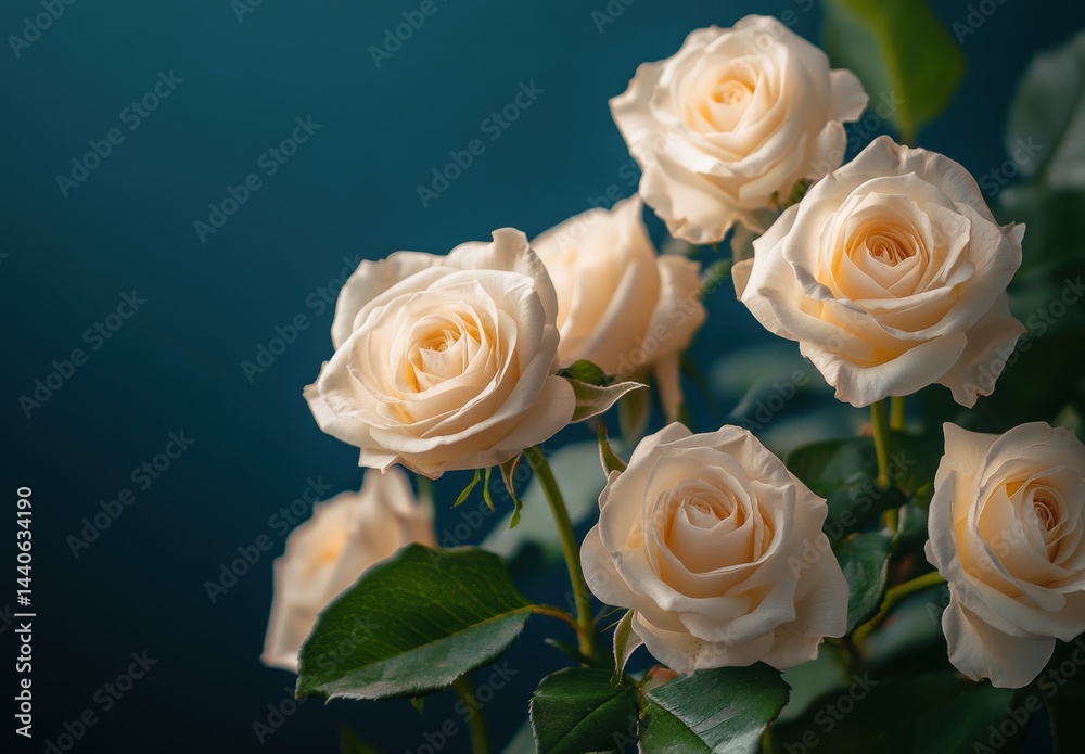 Beautiful arrangement of delicate cream roses with soft petals and lush green leaves against a soothing blue background for elegant decor or floral designs Beautiful arrangement of delicate cream roses with soft petals and lush green leaves against a soothing blue background for elegant decor or floral designs