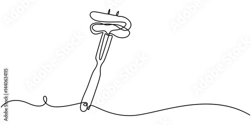 Raw beef brisket flat steak on fork with place for text, continuous one line drawing, Steak on a Fork.
