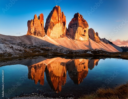 tre cime di lavaredo with reflection in lake at sundown dolomit