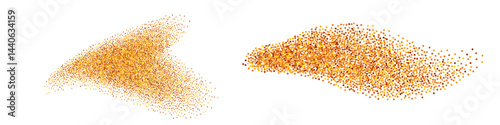 Turmeric powder splash, wave swirl and heart shape. Spice texture, particle scatter, curcuma, curry spicy cooking. Isolated vector on white background.