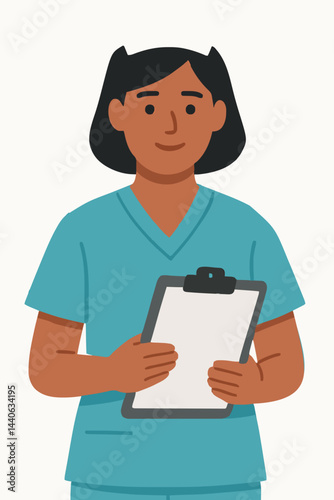 Smiling Medical Professional Holding a Clipboard in Healthcare Uniform